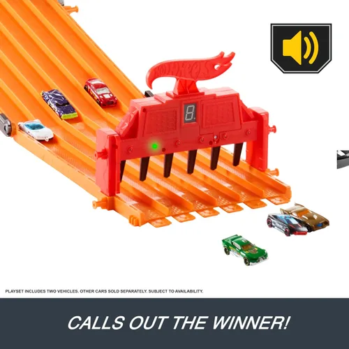 Miniatura 5 de Hot Wheels Juego de autos de juguete con luces, sonidos y 6 vehículos a escala 1:64, pista de carreras súper de 6 carriles, pista de 8 pies que se