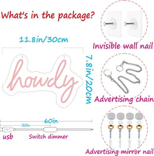 Miniatura 7 de Letrero de neón rosa howdy para decoración de pared, iluminación ajustable, luz de neón LED para decoración de pared de dormitorio, decoración