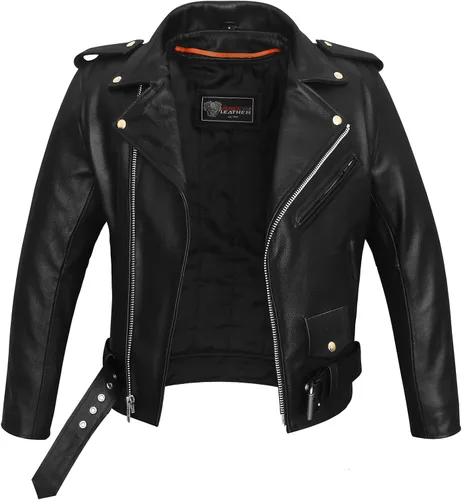 Miniatura 4 de Vance - Chaqueta de motociclista de cuero estilo policía clásico negro con lados lisos