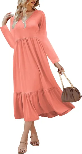 Miniatura 3 de Paintcolors Vestido largo casual de manga larga con cuello en V para mujer, vestido escalonado, color sólido, holgado, con vuelo, vestido midi