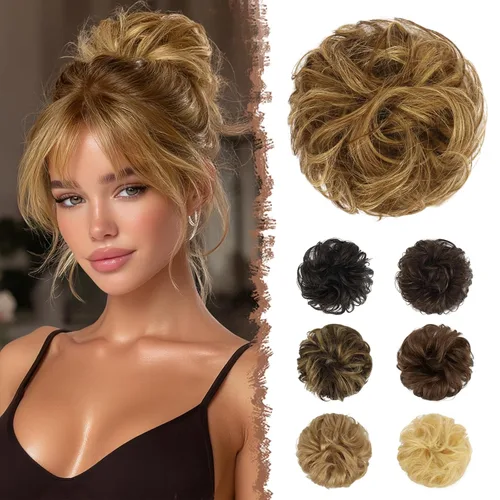 Miniatura 15 de FESHFEN Moños Desordenados Humanos - Moño de Cabello Humano 100% Real Coleteros Scrunchies Piezas de Cabello Extensiones de Cola de Cabello Ondulado