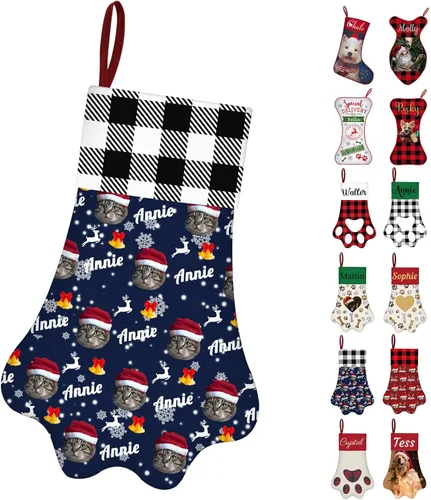 Miniatura 13 de Calcetines de Navidad personalizados con foto de nombre, medias personalizadas en forma de hueso para perros, gatos, mascotas, medias de Navidad