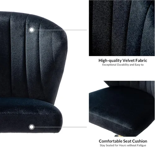 Miniatura 6 de HULALA HOME Silla de escritorio de oficina en casa con ruedas doradas, silla pequeña y bonita con respaldo para dormitorio, silla de trabajo Negro