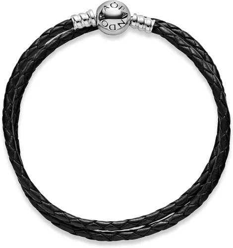 Miniatura 3 de PANDORA Pulsera de plata de ley con colgante de cuero negro