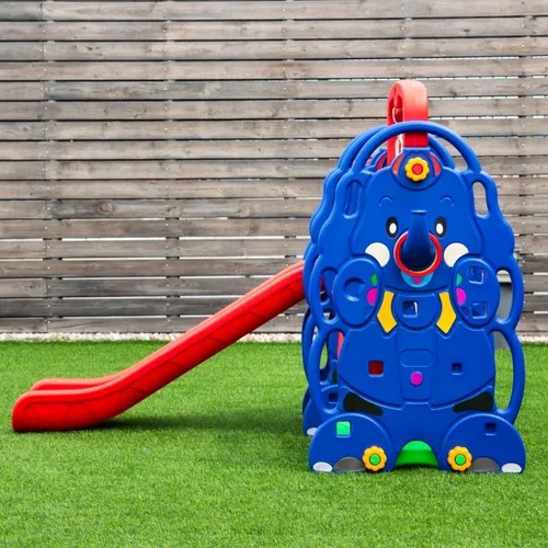 Miniatura 9 de HONEY JOY Juego de columpio y tobogán para niños pequeños, 4 en 4 juegos de escalador con aro de baloncesto, tobogán extra largo con zona