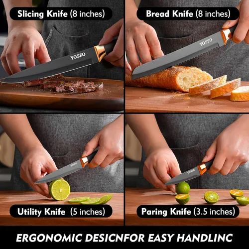 Miniatura 7 de Juego de cuchillos de cocina, 15 piezas con bloque y afilador, acero inoxidable de alto carbono ultra afilado, apto para lavavajillas