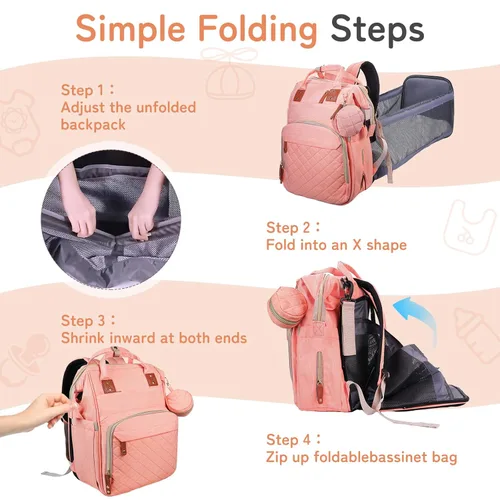 Miniatura 6 de GurZinn Mochila para pañales con cambiador portátil, mochila multifunción 3 en 1, mochila de viaje para mamá, cochecito rosa