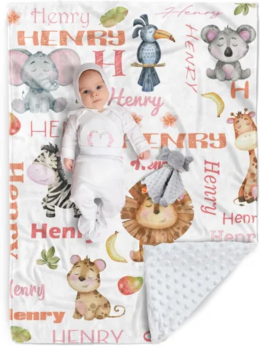 Miniatura 11 de Manta de bebé personalizada, nombre personalizado con diseño de animales del bosque, manta de felpa suave con respaldo punteado de doble capa