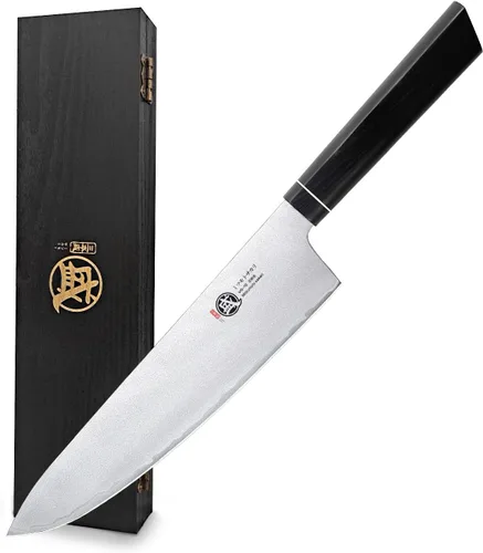 MITSUMOTO SAKARI Gyuto - Cuchillo de chef japonés VG-10 de 8 pulgadas, cuchillo de cocina forjado a mano para carne y verduras, mango G10 con caja