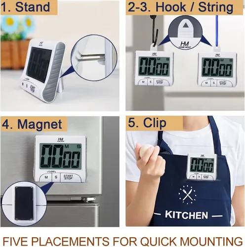 Miniatura 3 de Temporizador de cocina de pantalla grande de 3 pulgadas, temporizador digital, alarma magnética en una cuerda, temporizadores de cocina blancos