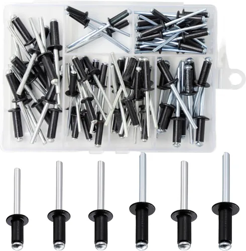 Wensilon (80 piezas) Juego de remaches ciegos profesionales negros de aluminio, juego de agarre de aluminio y mandril de acero