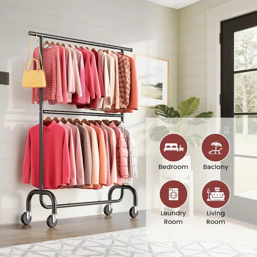 Miniatura 7 de Perchero resistente para dormitorio, perchero con ruedas de altura ajustable de 6 niveles, ruedas con bloqueo, perchero portátil para sala de estar