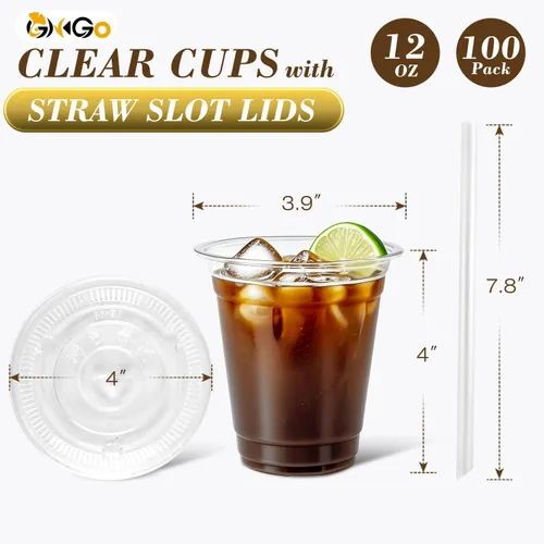 Miniatura 3 de Ginkgo Paquete de 100 tazas de plástico de 12 onzas con tapas y popotes, tazas de café desechables transparentes para llevar, tazas de café helado