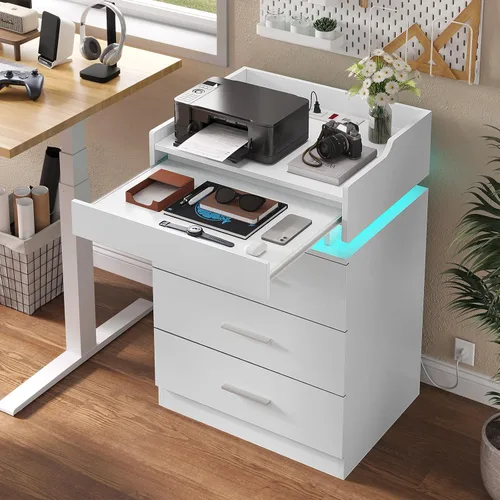 Miniatura 6 de HAUOMS Mesita de noche grande con estación de carga y luz LED, mesa auxiliar con 3 cajones y estante extraíble, mesita de noche con puertos USB