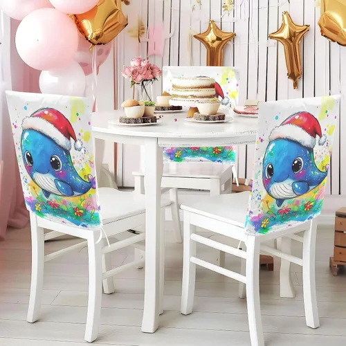 Miniatura 5 de Juego de 6 fundas decorativas para sillas decorativas con diseño de ballena azul de dibujos animados para ceremonia, fundas decorativas suaves