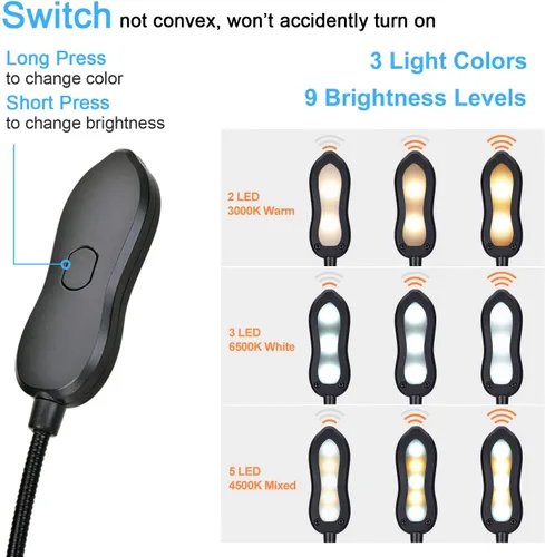 Miniatura 2 de Luz de libro recargable: luz LED de libro con clip para leer en la cama, ajustable de 3 colores y 3 brillos - Lámpara de lectura para el cuidado