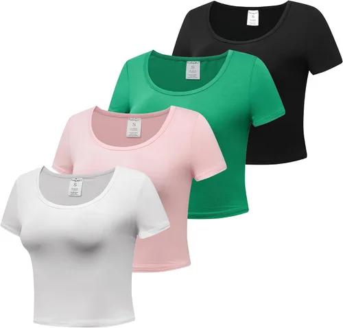 Miniatura 2 de Formeet17 Camisetas cortas básicas de 4 piezas para mujer, cuello redondo, manga casquillo