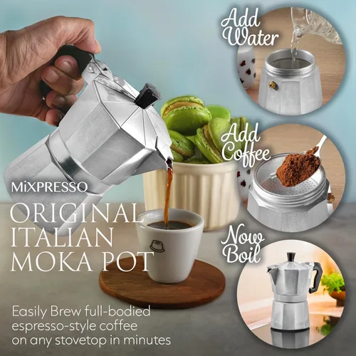 Miniatura 5 de Mixpresso Moka Pot 3 tazas (5 onzas en total) – Cafetera de café espresso para estufa de gas y eléctrica, cafetera cubana e italiana de aluminio