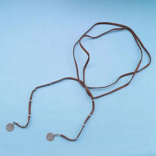 Miniatura 3 de Collar largo vintage de gamuza Vagan marrón Boho cuero Wrap Gargantilla Collar de cuero disco moneda collar suéter cadena joyería para mujeres