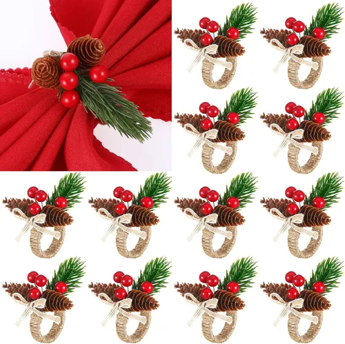 Miniatura 8 de Geiserailie - 12 servilleteros de Navidad, conos de pino, flor de pascua, calabaza, servilleteros de madera, decoración para Navidad, Acción