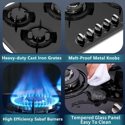 Miniatura 3 de Placa de gas de 36 pulgadas, estufa de gas de vidrio templado integrada, 5 quemadores de alta eficiencia, estufa de gas convertible de propano/gas