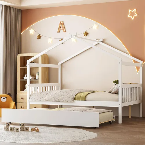 Miniatura 11 de Bellemave Cama Casa Tamaño Twin con 2 Cajones de Almacenamiento Cama Casa Montessori de Madera para Niños Marco de Cama de Madera Casa de Juegos Gris