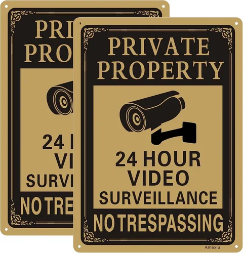 Paquete de 2 letreros grandes de propiedad privada sin trespassing – Señal de advertencia de videovigilancia las 24 horas | 14 x 10 pulgadas de