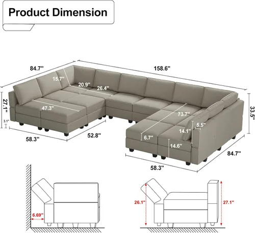 Miniatura 2 de Belffin Sofá modular de gran tamaño con tumbonas dobles en forma de U, sofá seccional reversible con almacenamiento de terciopelo gris