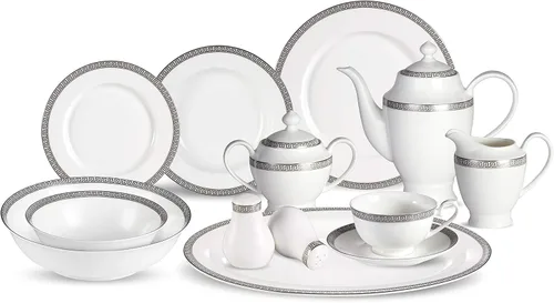 Juego de vajilla de 57 piezas en porcelana de hueso (Servicio para 8) con bandas plateadas, formal, moderno, contemporáneo, redondo, 50 piezas, apto
