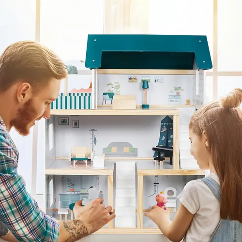 Miniatura 5 de Lil' Jumbl Casa de muñecas de madera para niños, incluye 17 piezas de accesorios y muebles, con balcón y escaleras, casa de muñecas de 3 pisos fácil