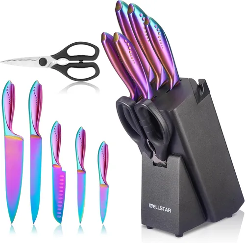 WELLSTAR Juego de cuchillos arcoíris de 8 piezas, juego de cuchillos de cocina de acero inoxidable alemán iridescente con bloque de madera, Juego de
