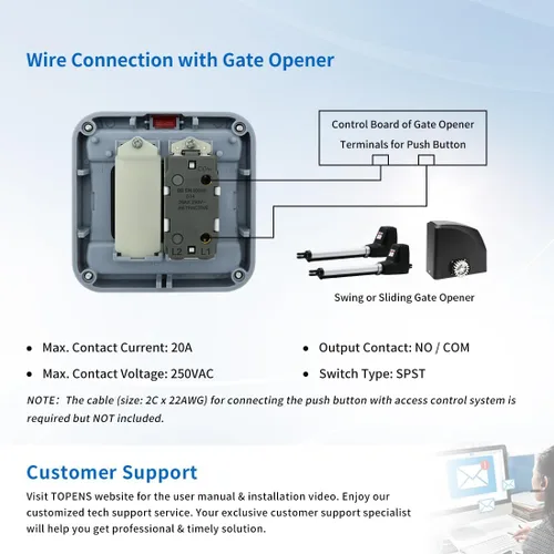 Miniatura 7 de TOPENS TC148 - Interruptor de liberación con cable montado en la superficie para abridor automático de puertas, sistema de control de acceso