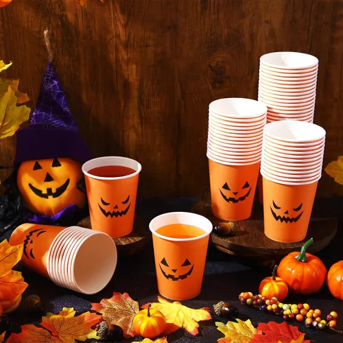 Miniatura 4 de Lallisa 100 vasos desechables de Halloween de 9 onzas, tazas de papel de calabaza naranja, tazas de café para café, agua, jugo, bebidas calientes