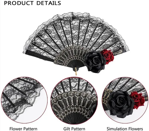 Miniatura 5 de Abanico de mano negro de Halloween de encaje rosa de mano, vintage retro flor española, gran abanico plegable para mujeres, regalo de baile