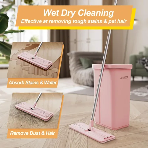 Miniatura 3 de JOYMOOP Juego de trapeador y cubeta rosa con escurridor para el hogar, con 3 almohadillas de microfibra reutilizables, sistema de autolimpieza sin