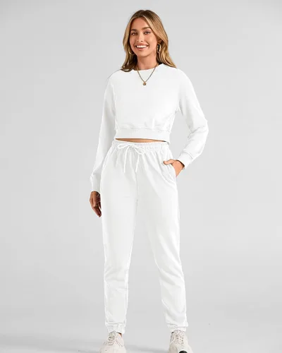 Miniatura 74 de BTFBM Conjunto deportivo de 2 piezas para mujer, camiseta corta de manga larga, sin botones, pantalón con cordón ajustable, pantalones deportivos