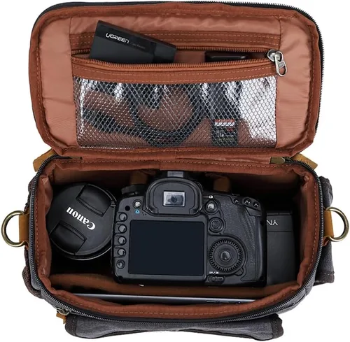 Miniatura 4 de Bolsa cruzada para cámara, bolso bandolera para cámara, estilo vintage, DSLR/SLR, sin espejo, para fotografía con Canon/Nikon/Sony (negro)
