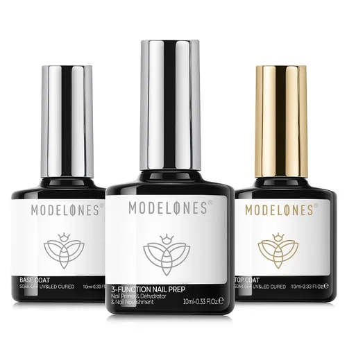 modelones Gel Base Top Coat Set 3 Pcs with 3-in-One Nail Dehydrator & Primer Nourishing Acid Free Dehydrator Nail Prep Kit for Gel Nail Polish