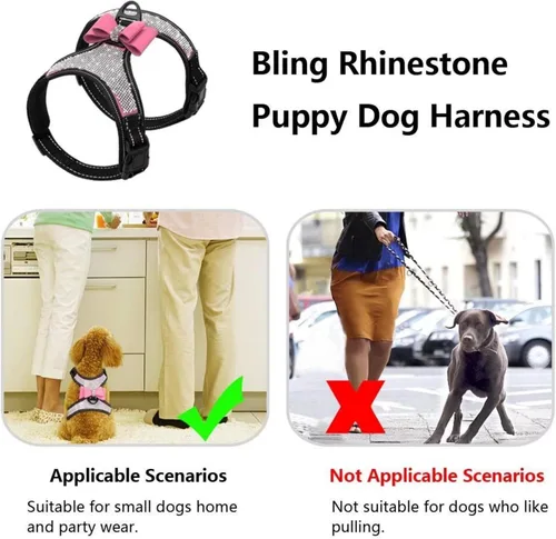 Miniatura 7 de Beirui Arnés para perro con diamantes de imitación, chaleco reflectante de nailon brillante con pajarita brillante para perros pequeños, medianos