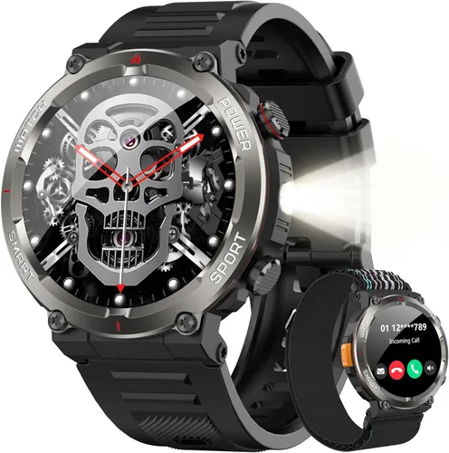 IOWODO Reloj inteligente militar para hombre, batería de 100 días de duración, rastreador de actividad física con linterna LED / brújula, monitor de