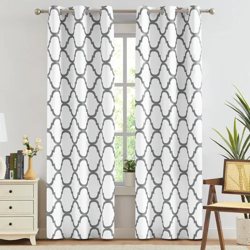 Miniatura 25 de Melodieux - Cortinas opacas estilo marroquí con aislamiento térmico y ojales para oscurecer sala de estar, 2 paneles. Blanco hueso/verde azulado