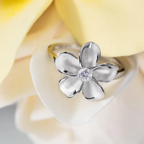 Miniatura 2 de Anillo de plata de ley 925 con flor de plumeria hawaiana de 0.59 pulgadas con circonita cúbica, chapado en oro de 14 quilates, sin níquel