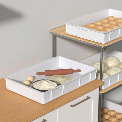 Miniatura 6 de Paquete de 4 bandejas de plástico a prueba de masa con tapa, contenedor apilable para masa de pizza, color blanco