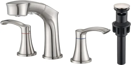 Miniatura 9 de Grifo de baño de 3 agujeros con rociador extraíble, grifo de baño de 8 pulgadas, grifo de tocador de dos manijas con líneas de suministro cUPC