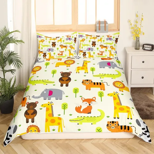 Miniatura 3 de Erosebridal Juego de ropa de cama individual de animales de la selva para niñas y niños, funda de edredón de elefante oso, tigre, león, safari