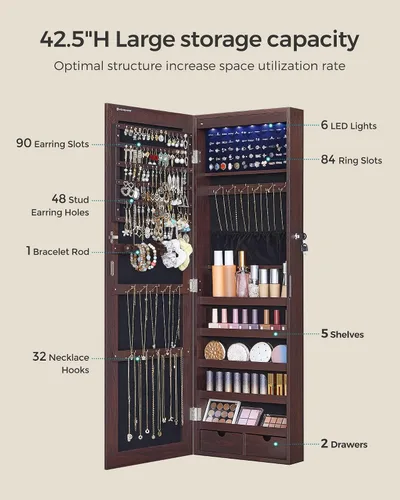 Miniatura 5 de SONGMICS Gabinete colgante de joyería, gabinete de pared con luces interiores LED, organizador de joyas montado en la puerta, espejo de cuerpo