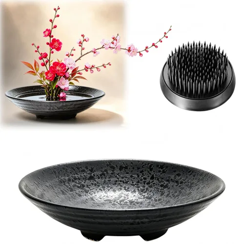Kit japonés de Ikebana Eggone con contenedor floral de rana y herramienta de enderezado de agujas Kenzan - Rana floral negra de 1.57 pulgadas,