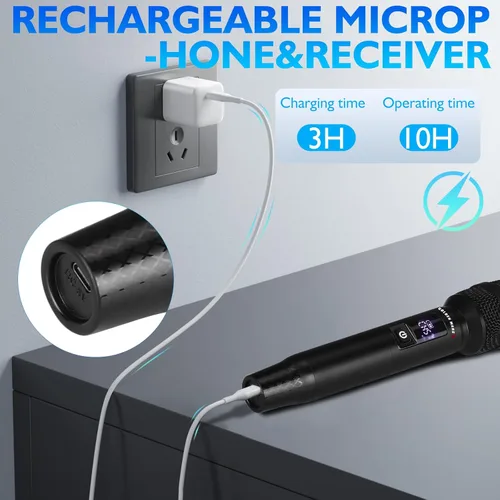 Miniatura 4 de Micrófono inalámbrico, 2.4 GHz Pro AI Auto Match Canales Recargables Paquete de 2 Micrófonos con Recepción estable de hasta 300 pies para cantar
