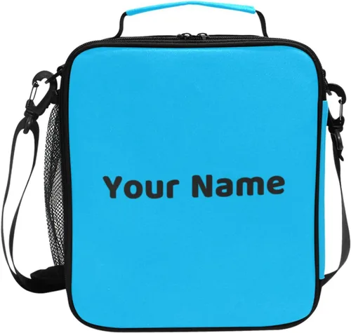 Lonchera con nombre personalizado para niños, azul cielo profundo, enfriador, aislada, para niños y niñas, bolsa de almuerzo con correa para el azul