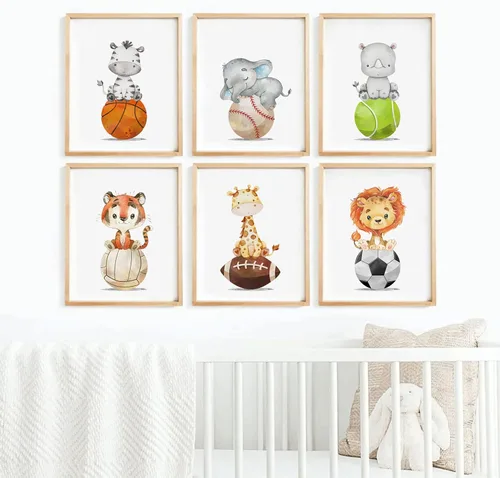Arte de pared para bebé niño, decoración deportiva para guardería, lienzo de animales de safari, arte de pared de bosque para habitación de bebé,